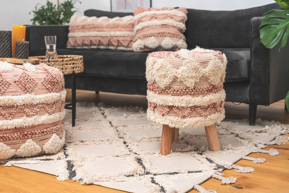 HOCKER Makramee Akazie Creme, Rosa - Creme/Rosa, Trend, Holz/Textil (38/50/38cm) - Kayoom