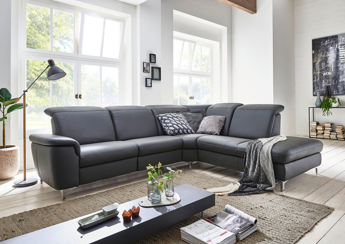 ECKSOFA in Echtleder Anthrazit  - Chromfarben/Anthrazit, KONVENTIONELL, Leder/Metall (292/242cm) - Cantus