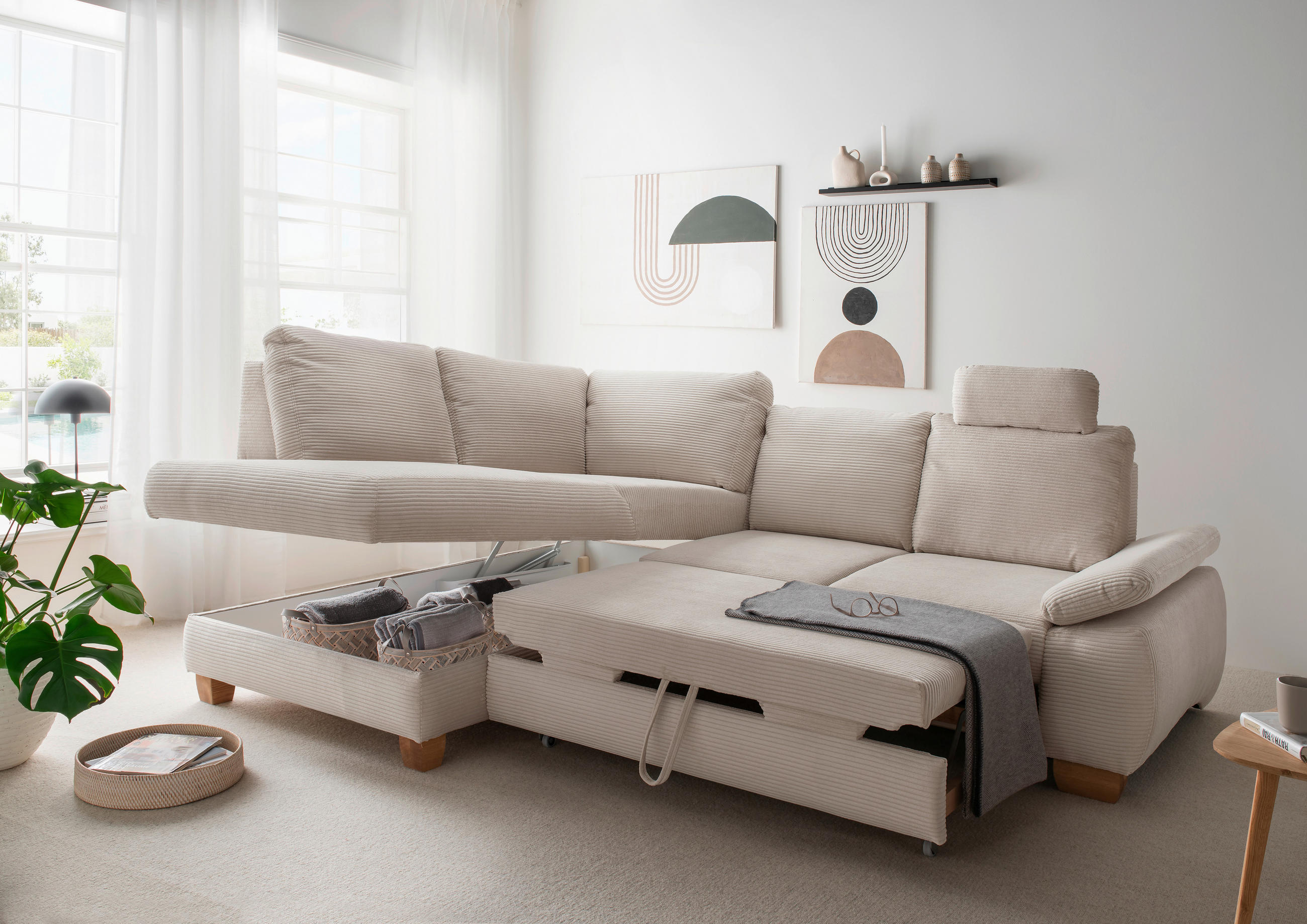 ECKSCHLAFSOFA in Cord Beige  - Wildeiche/Beige, Modern, Holz/Textil (206/261cm) - Livetastic