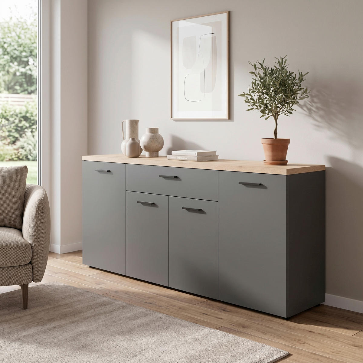 SIDEBOARD BAGGIO WO 180/85/40 cm 1 Schublade(n)  - Eichefarben/Anthrazit, Design, Holzwerkstoff/Kunststoff (180/85/40cm) - MID.YOU