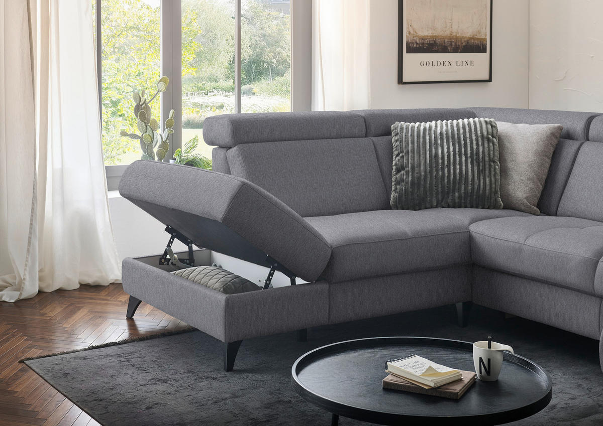 WOHNLANDSCHAFT Flachgewebe Grau  - Schwarz/Grau, Konventionell, Textil/Metall (215/333/174cm) - Beldomo System