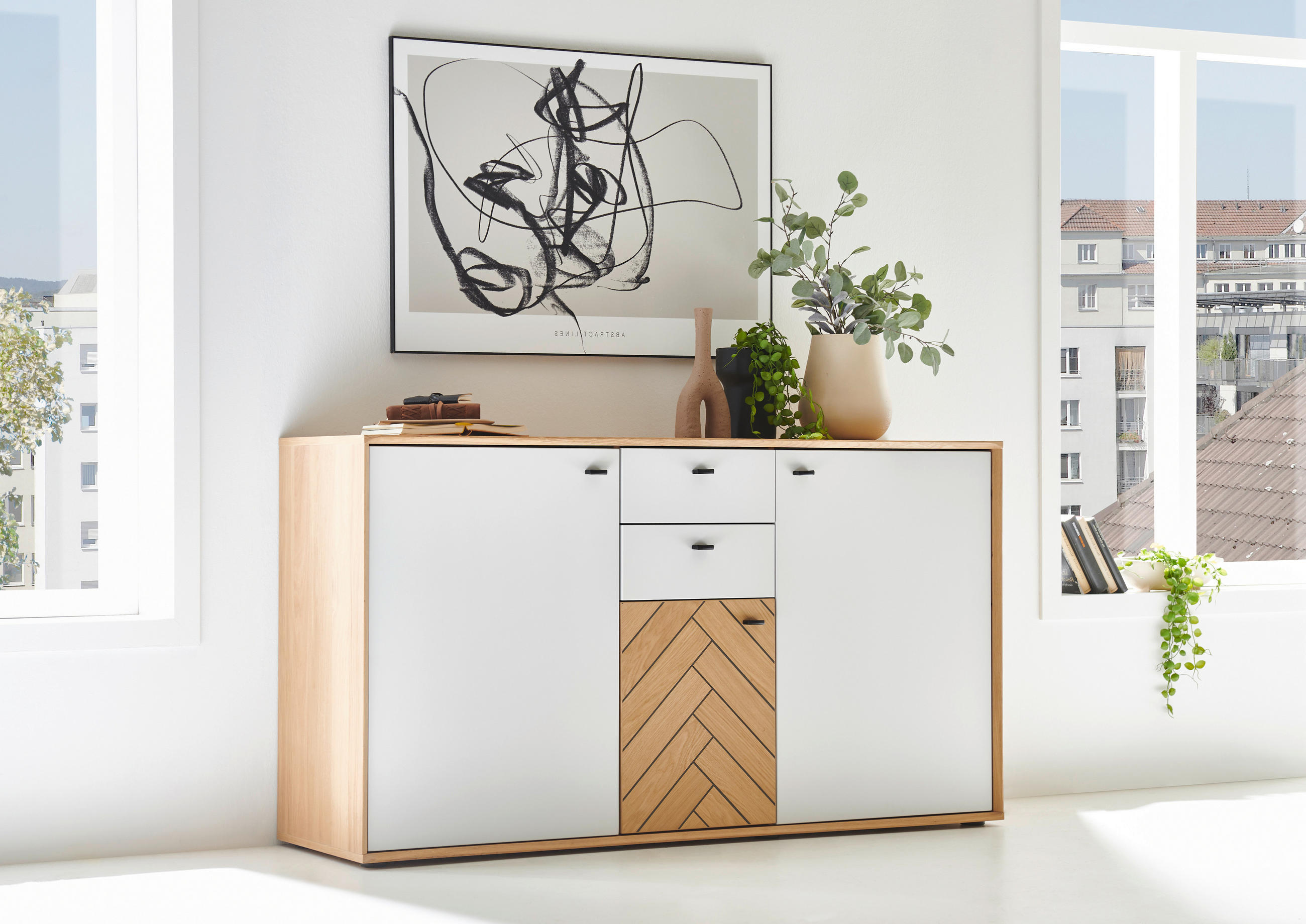 SIDEBOARD Weiss, Eiche Bianco  163,8/89,3/45 cm  - Weiss/Eiche Bianco, Design, Holz/Holzwerkstoff (163,8/89,3/45cm) - Novel