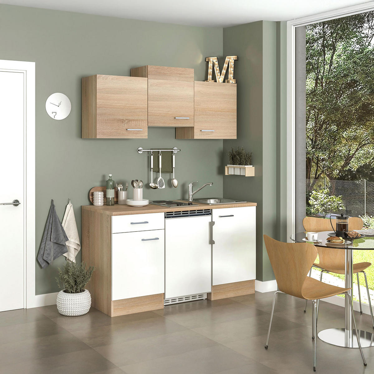 MINIKÜCHE   in Weiß, Sonoma Eiche  - Alufarben/Weiß, KONVENTIONELL, Holzwerkstoff/Kunststoff (150,5/205/60cm) - FlexWell