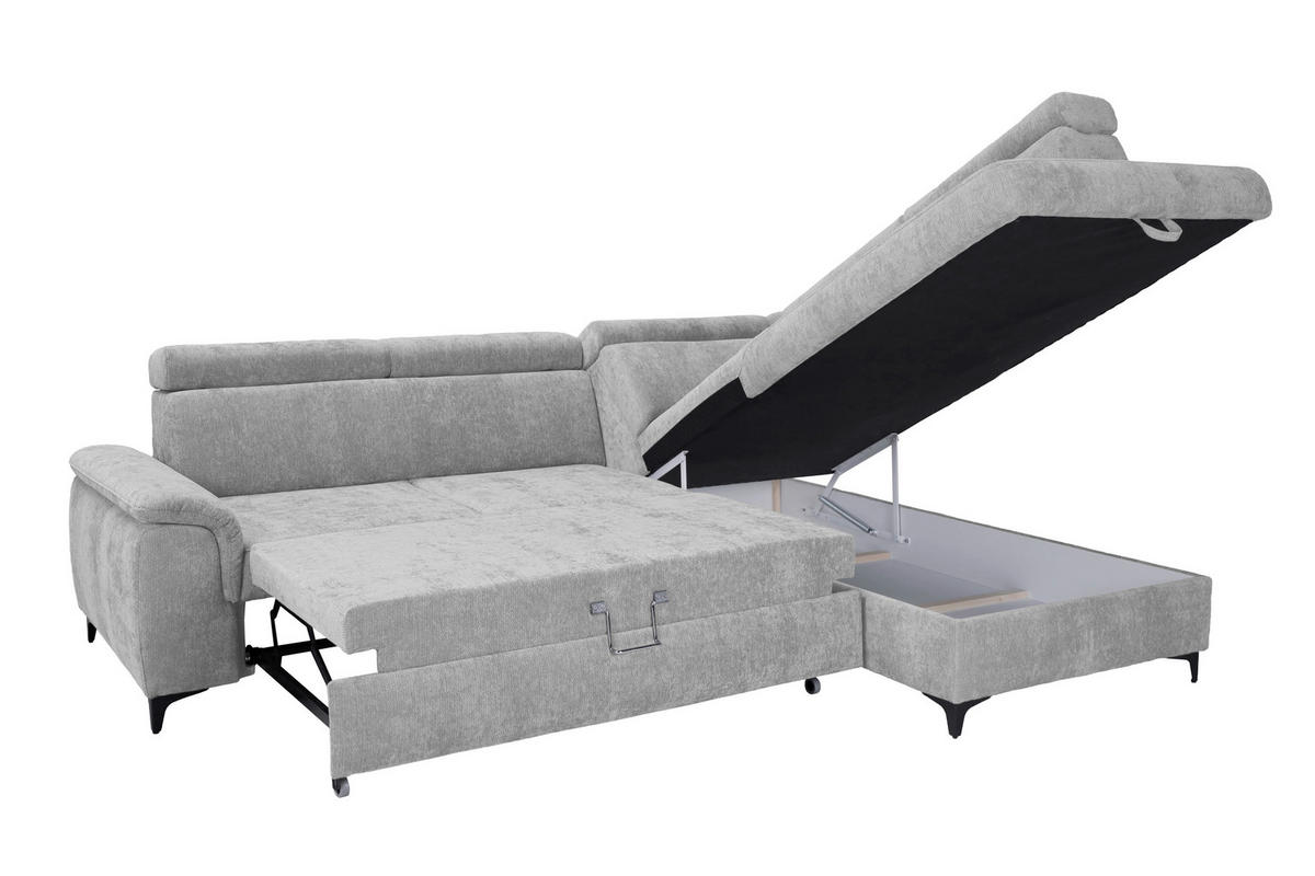 ECKSOFA Silberfarben Chenille Bettkasten, Schlaffunktion, Rücken echt, Kopfteilverstellung, Liegefläche im Originalstoff  - Silberfarben/Schwarz, KONVENTIONELL, Textil/Metall (265/206cm) - Carryhome