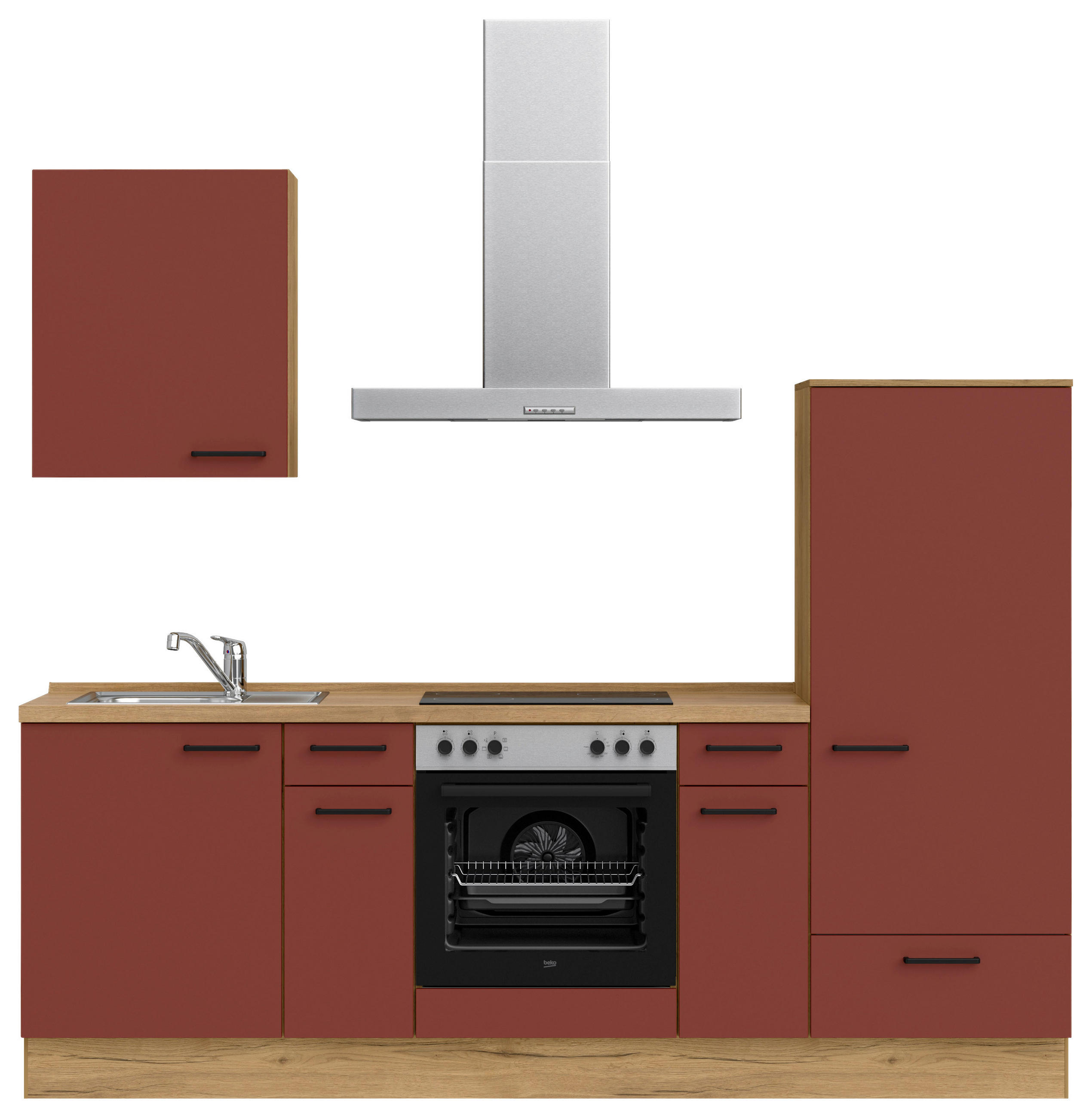 KÜCHENBLOCK 240 cm   in Eichefarben, Dunkelrot  - Eichefarben/Schwarz, MODERN, Holzwerkstoff/Metall (240cm) - Nobilia