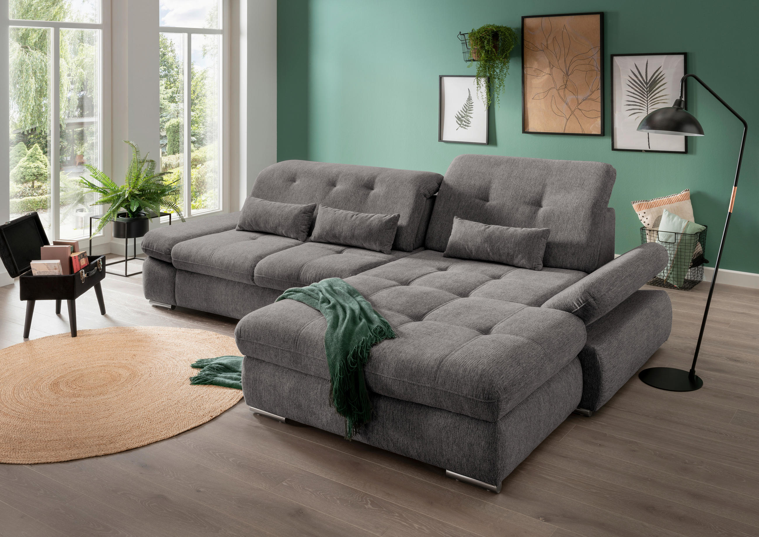 ECKSOFA Graubraun Chenille  - Chromfarben/Graubraun, Design, Textil/Metall (300/196cm) - Livetastic