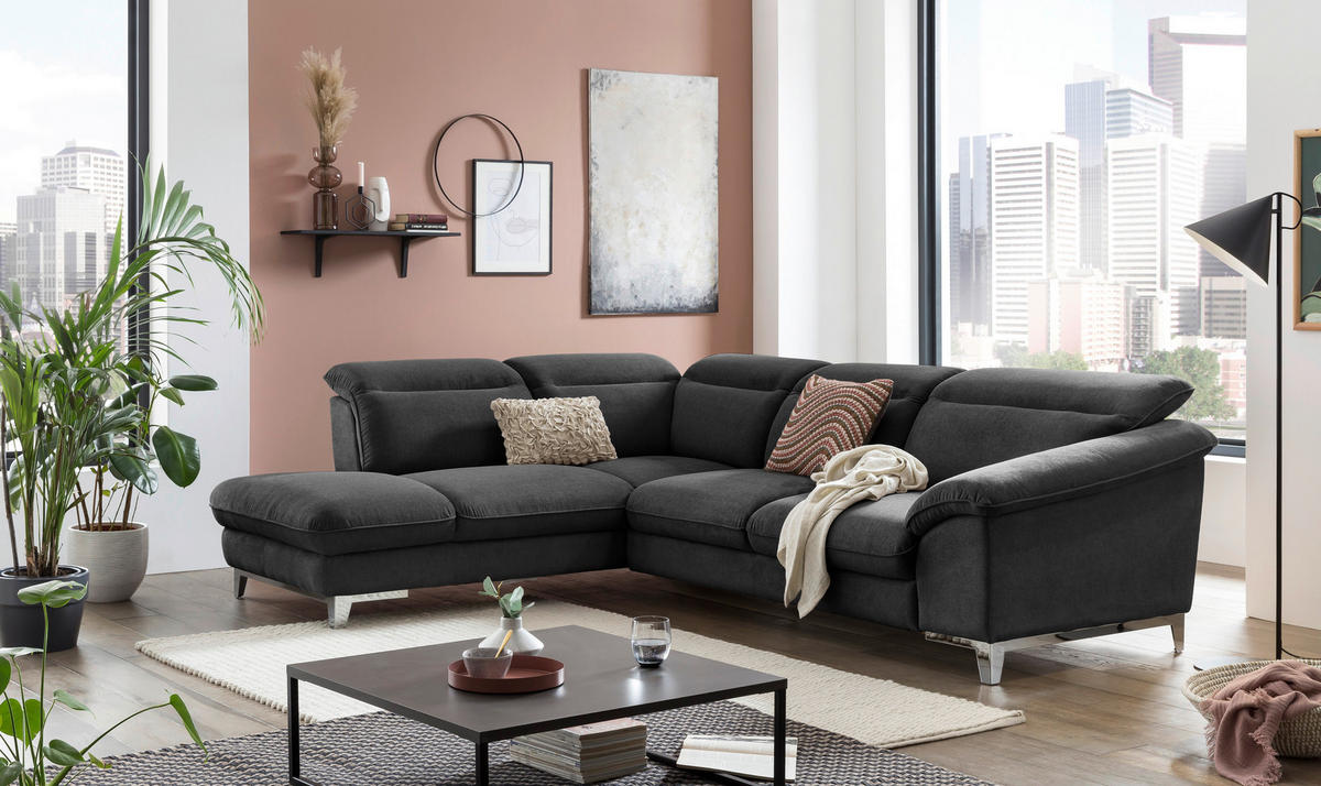 ECKSOFA in Chenille Schwarz  - Chromfarben/Schwarz, Design, Textil/Metall (232/293cm) - Livetastic