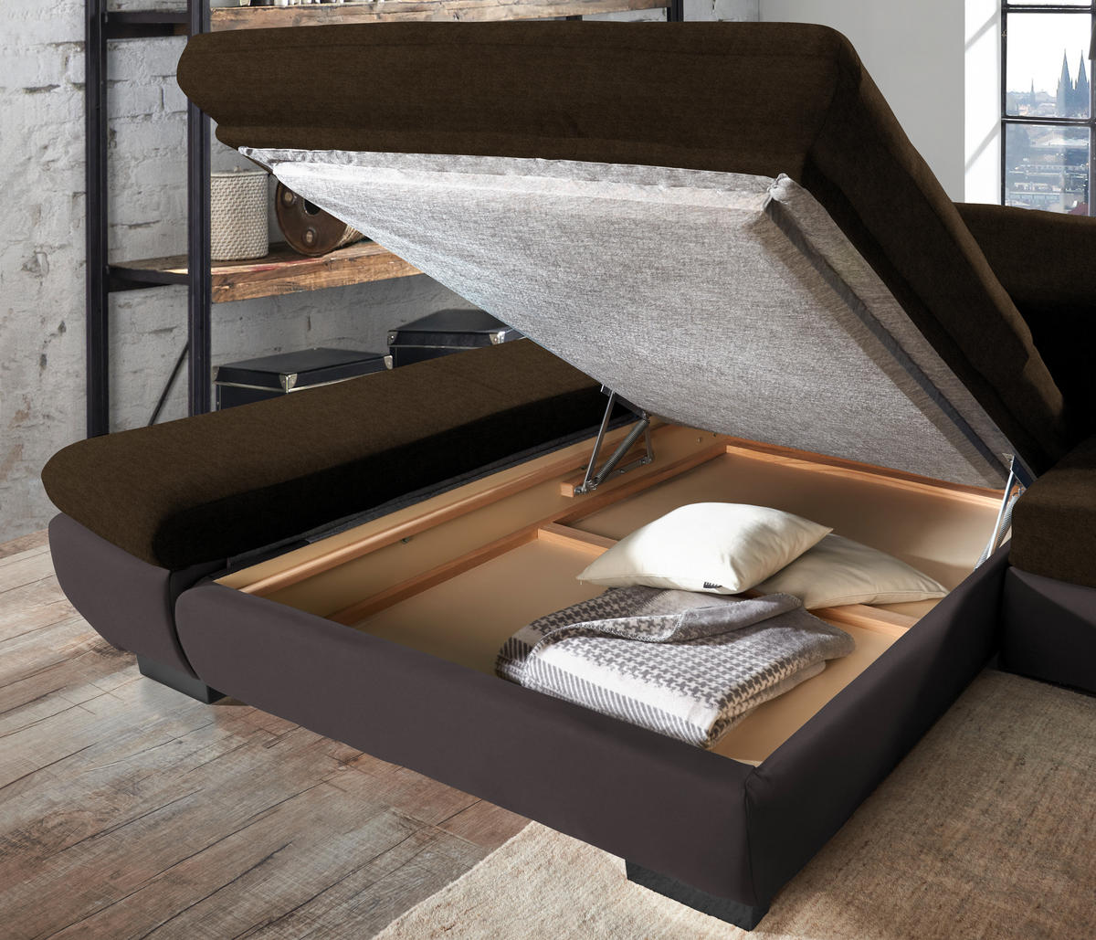 ECKSOFA in Mikrofaser Braun  - Schwarz/Braun, Design, Textil/Metall (341/204cm) - Xora