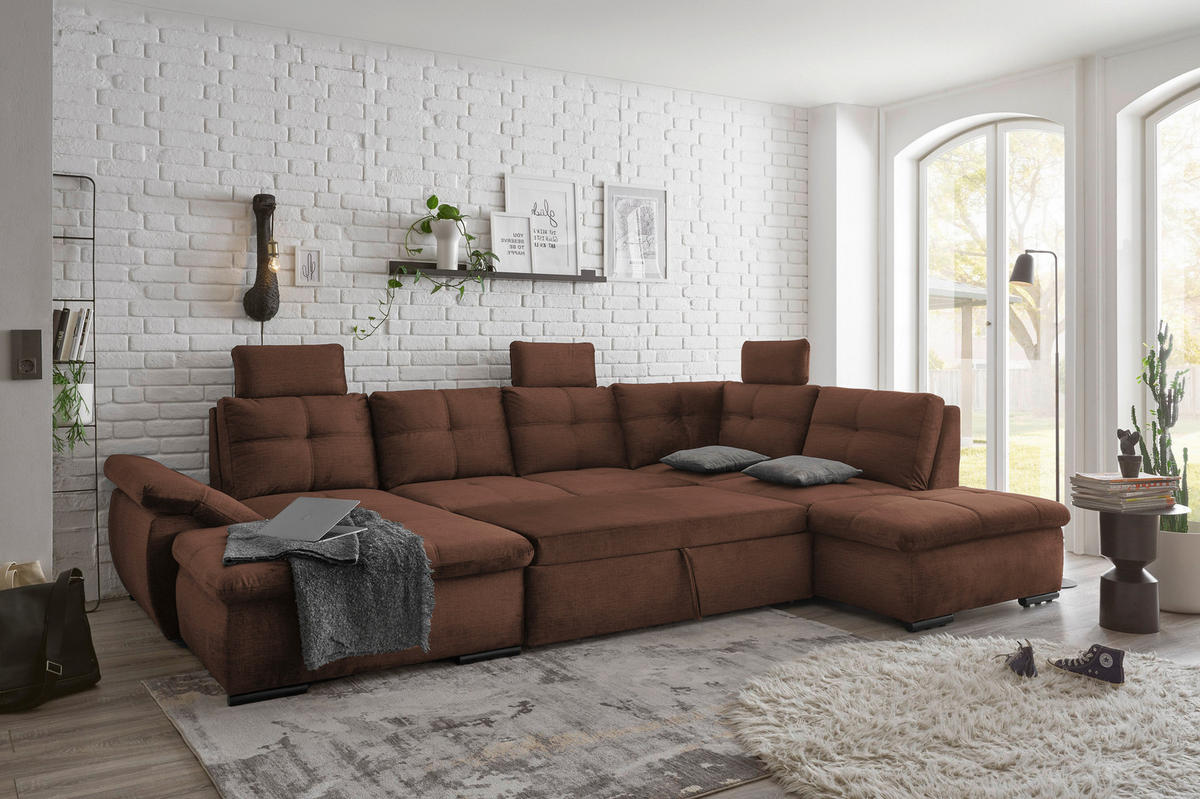 WOHNLANDSCHAFT in Mikrovelours Kupferfarben  - Schwarz/Kupferfarben, KONVENTIONELL, Kunststoff/Textil (127/334/217cm) - Carryhome