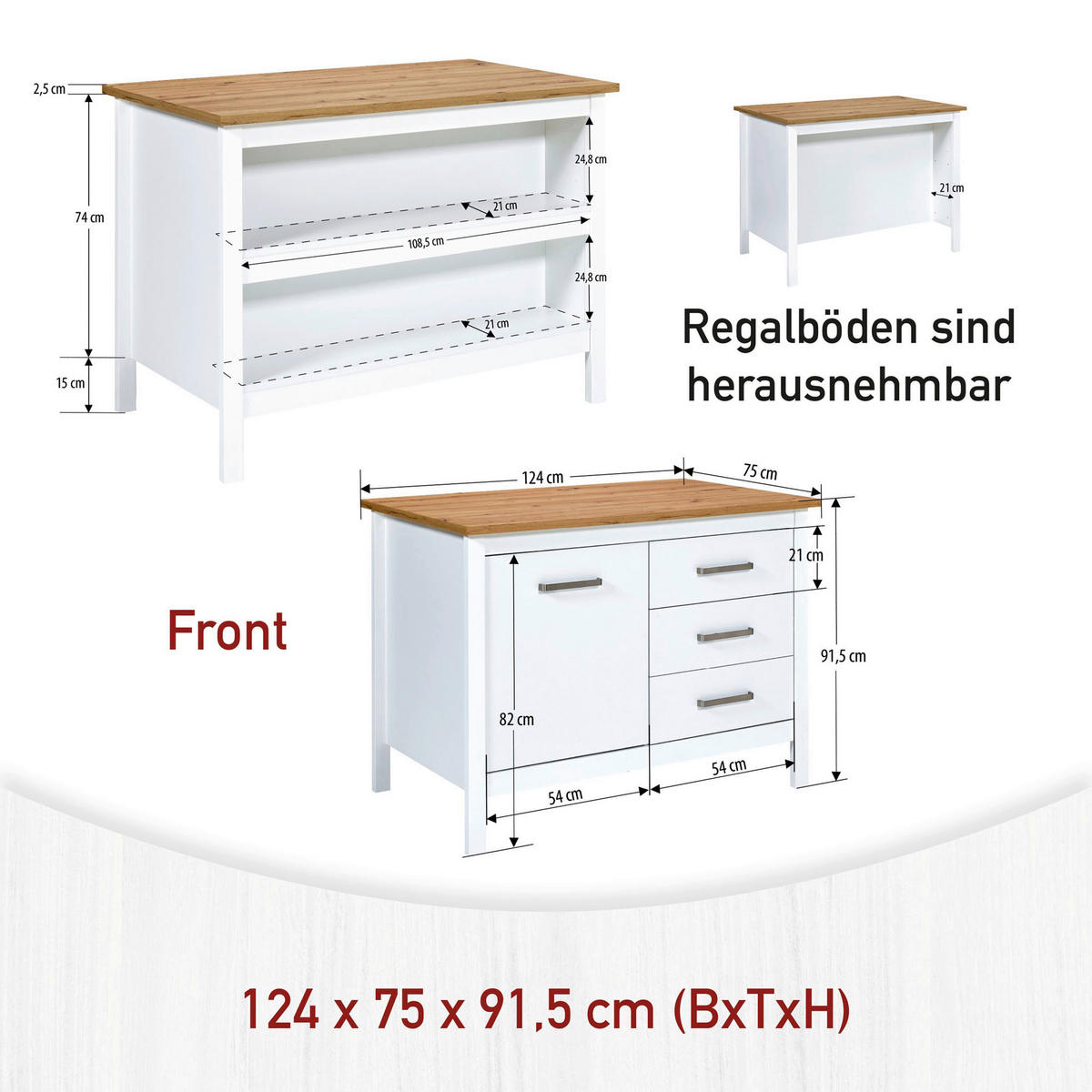 KÜCHENINSEL   in Weiß, Eiche Artisan  - Silberfarben/Weiß, MODERN, Holzwerkstoff/Metall (124/91/75cm) - home24