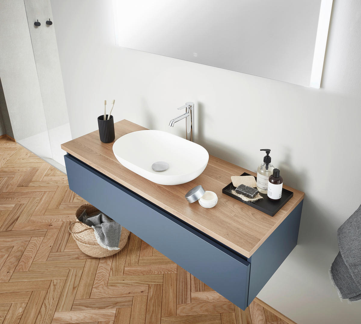 BADEZIMMER 3-teilig  in 120,8 cm  - Blau/Eichefarben, KONVENTIONELL, Holzwerkstoff/Stein (120,8cm) - b-collection