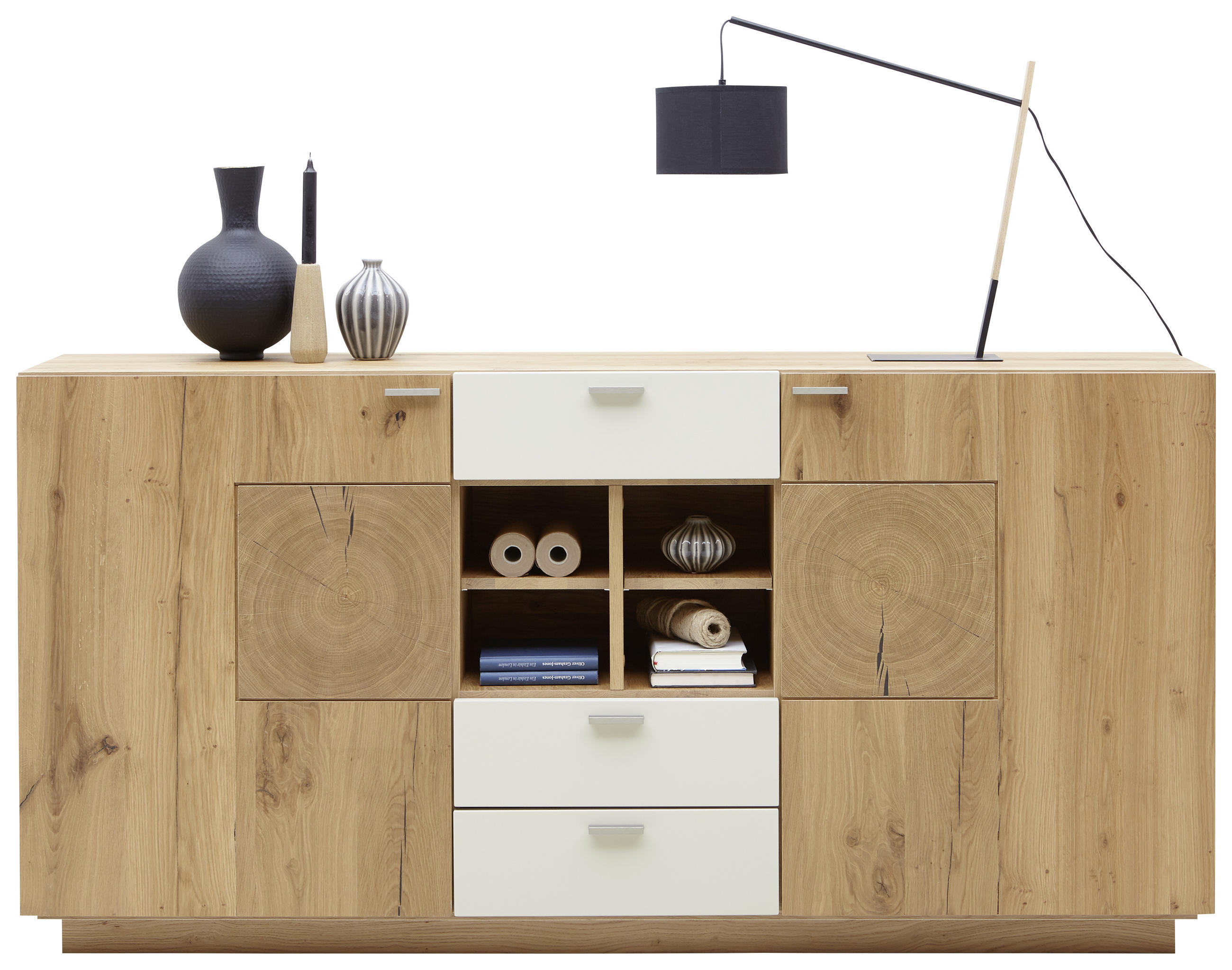 SIDEBOARD Asteiche furniert Eichefarben, Champagner Befestigungsmaterial, Rückwand, Einlegeböden - Champagner/Eichefarben, KONVENTIONELL, Holz/Metall (176/88/38cm) - Voleo