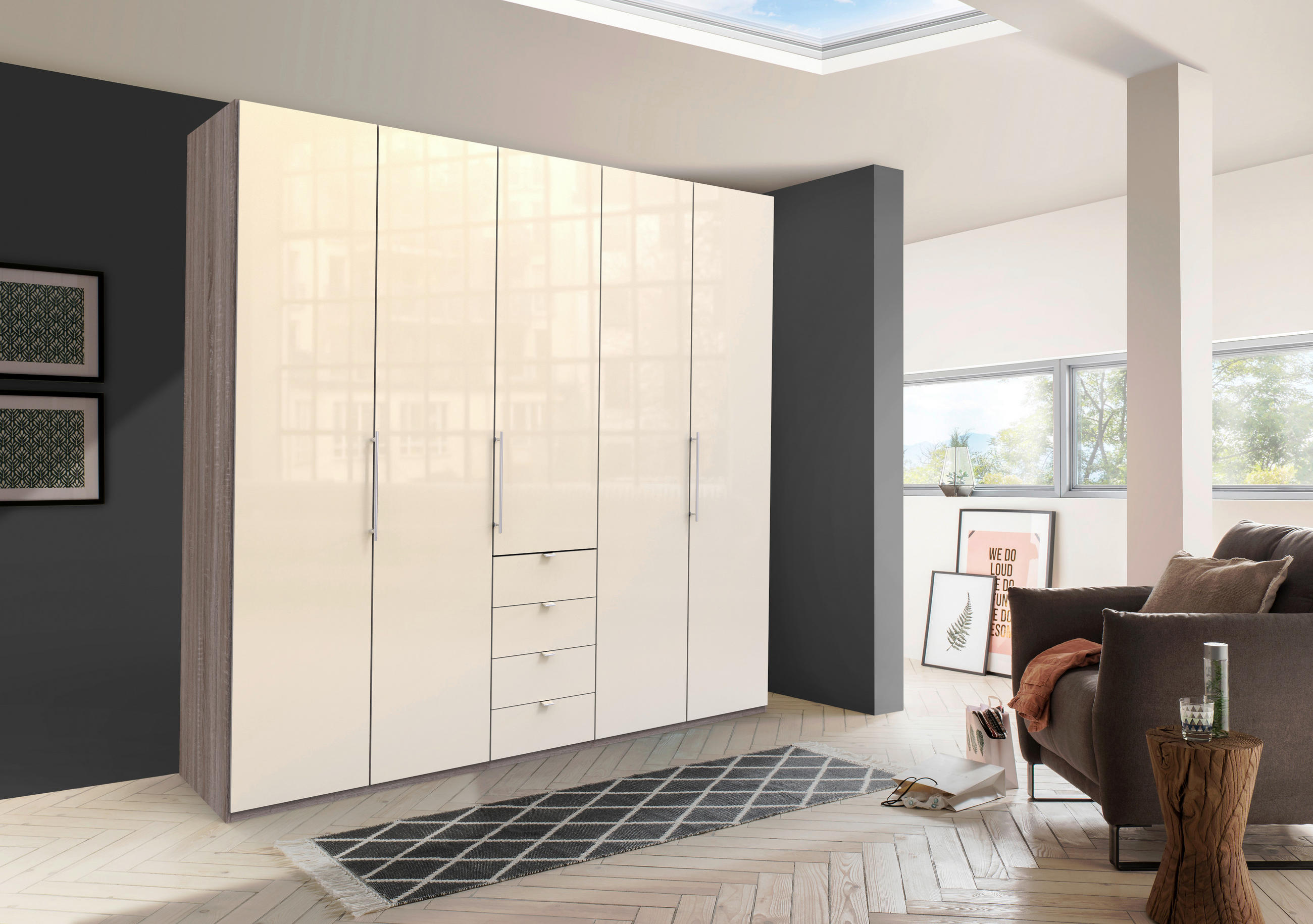 FALTTÜRENSCHRANK 250/236/58 cm 3-türig Trüffeleichefarben, Magnolie  - Chromfarben/Magnolie, KONVENTIONELL, Glas/Holzwerkstoff (250/236/58cm) - Venda