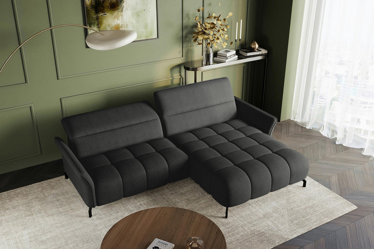 ECKSOFA Anthrazit Flachgewebe Rücken echt, Kopfteilverstellung, Sitztiefenverstellung  - Anthrazit/Schwarz, KONVENTIONELL, Textil/Metall (272/175cm) - Carryhome
