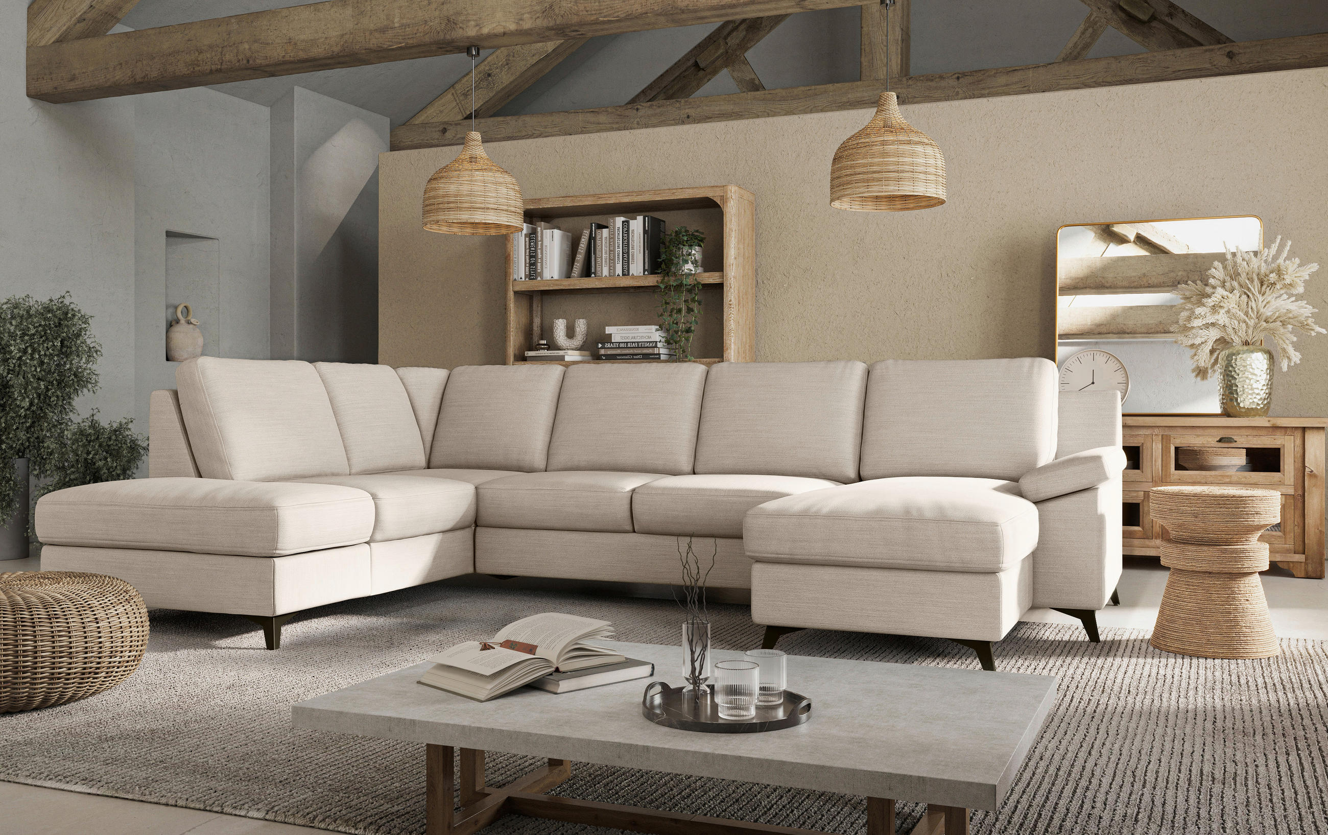 WOHNLANDSCHAFT in Flachgewebe Beige  - Beige/Schwarz, KONVENTIONELL, Textil/Metall (204/309/156cm) - Cotta