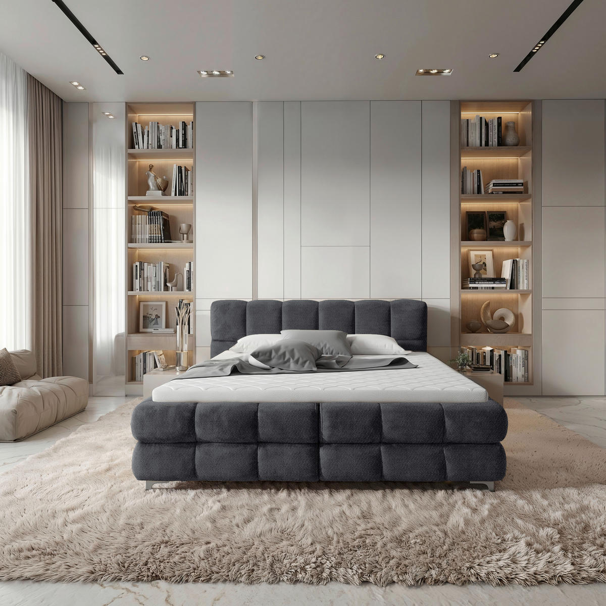 BOXBETT 180/200 cm,  in Anthrazit, gepolstertes Kopfteil, Bettkasten, Topper, H3 + H3 = fest  - Anthrazit/Schwarz, Design, Textil/Metall (180/200cm) - Ti'me