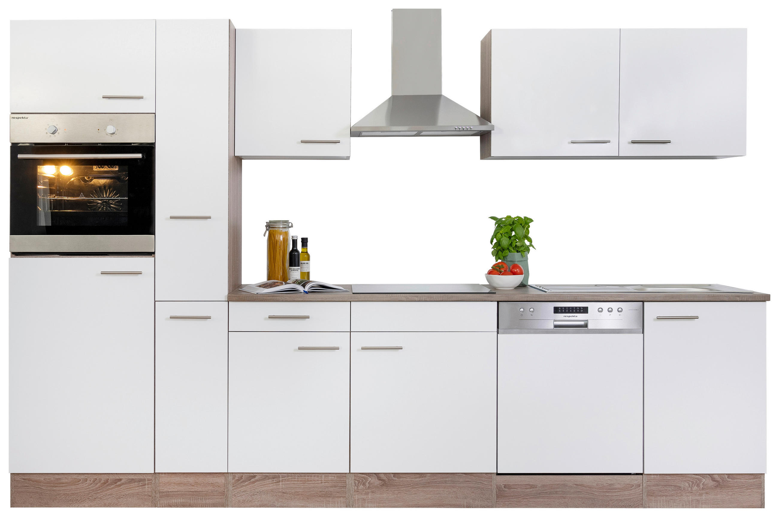 KÜCHENBLOCK 310 cm   in Weiß, Eichefarben  - Edelstahlfarben/Eichefarben, Design, Holzwerkstoff/Metall (310cm) - Respekta