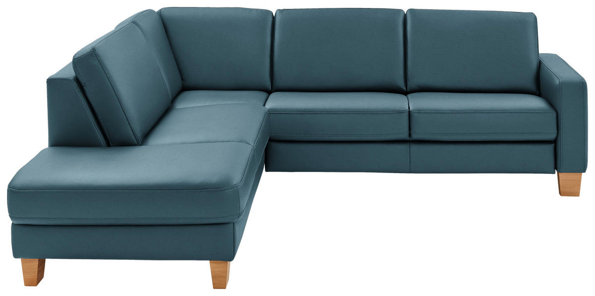 ECKSOFA Echtleder Blau  - Blau/Eiche Bianco, Konventionell, Leder/Holz (235/257cm) - Valdera