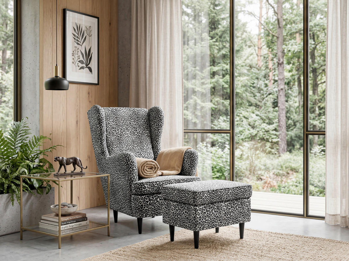 HOCKER LEO Jacquard, Webstoff Schwarz, Weiß  - Schwarz/Weiß, MODERN, Holz/Textil (63/43/42cm) - MID.YOU