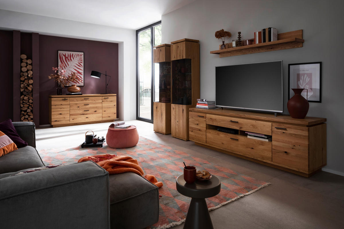 WOHNWAND 4-teilig  in Grau, Eichefarben 340/204/50 cm  - Eichefarben/Anthrazit, Natur, Glas/Holz (340/204/50cm) - Linea Natura