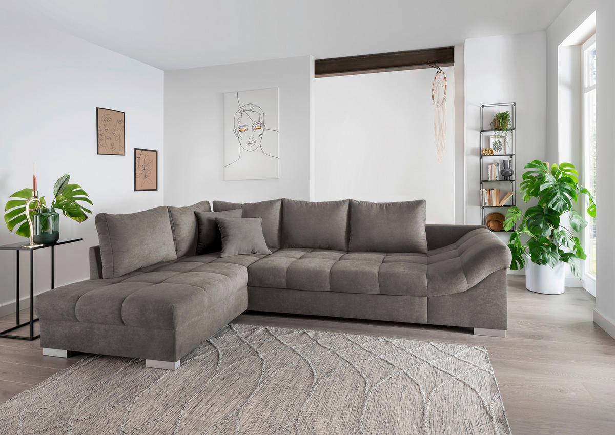 ECKSCHLAFSOFA  in Mikrofaser Graubraun  - Graubraun/Silberfarben, Design, Holz/Textil (202/298cm) - MID.YOU