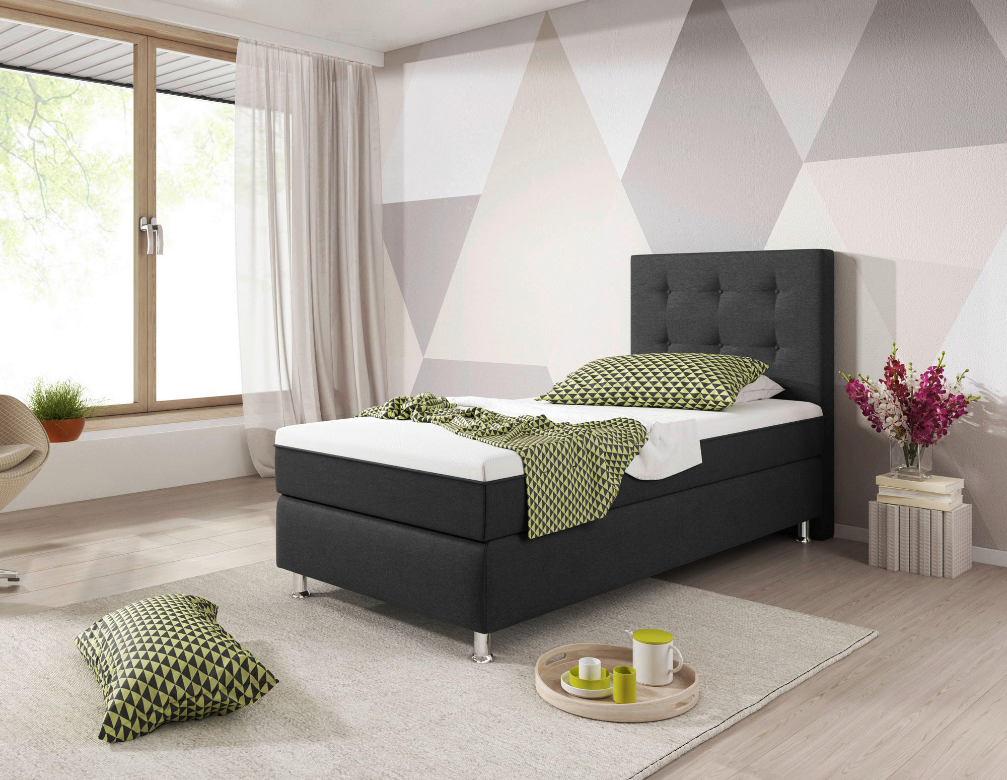 BOXSPRINGBETT 90/200 cm  in Anthrazit  - Anthrazit/Silberfarben, KONVENTIONELL, Textil/Metall (90/200cm) - MID.YOU
