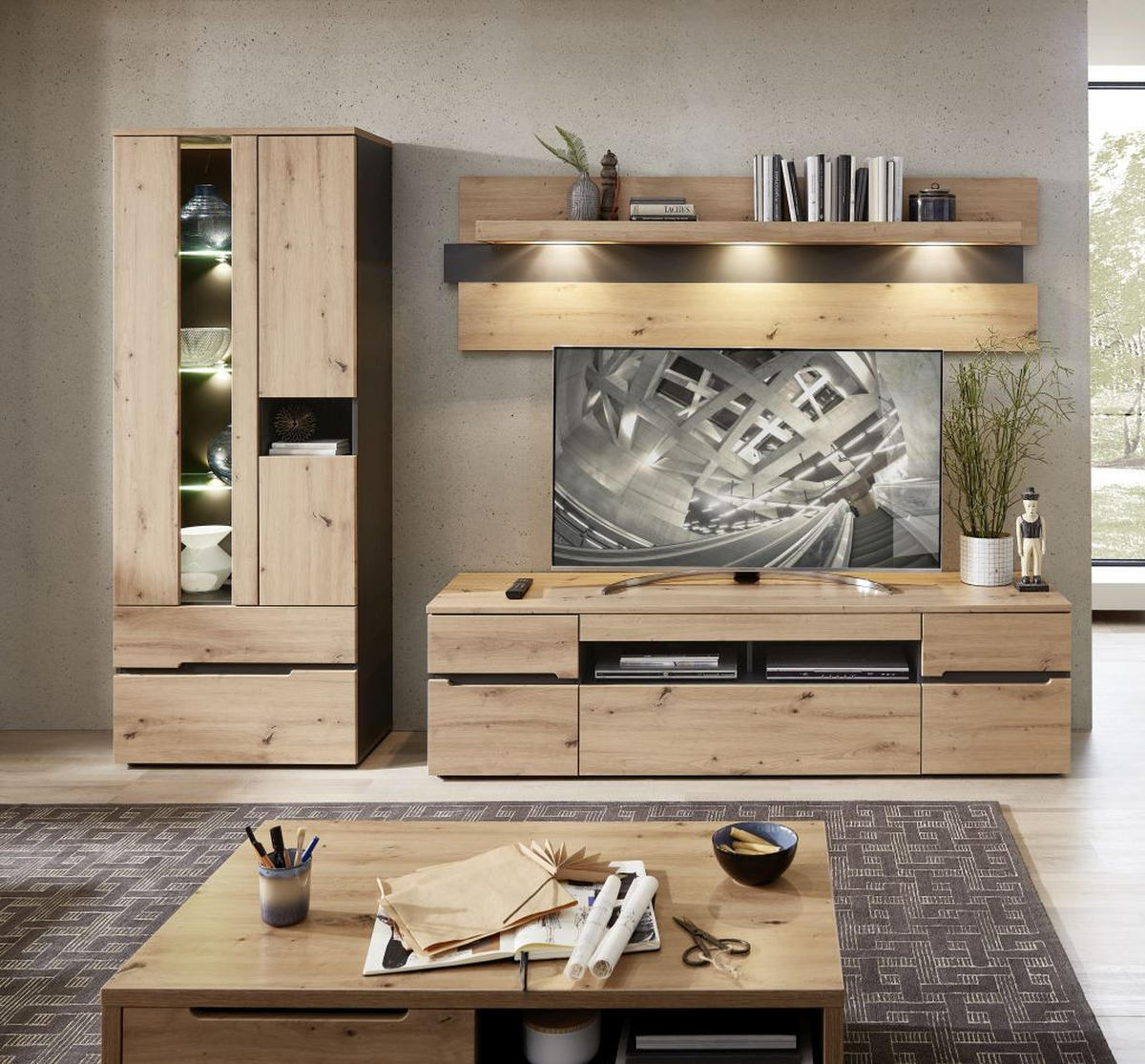 REGAL ZA DNEVNI BORAVAK boje grafita, hrast Artisan   - boje grafita/hrast Artisan, Moderno, drvni materijal (282/197/47cm) - Modern Living