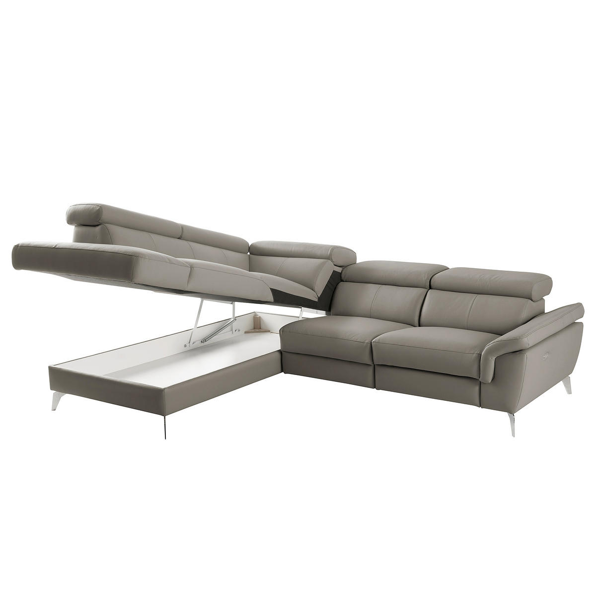 ECKSOFA SONO Schlammfarben Echtleder Lederlook Bettkasten, Armteilverstellung, Kopfteilverstellung  - Chromfarben/Schlammfarben, Design, Leder/Textil (210/265cm) - Livetastic