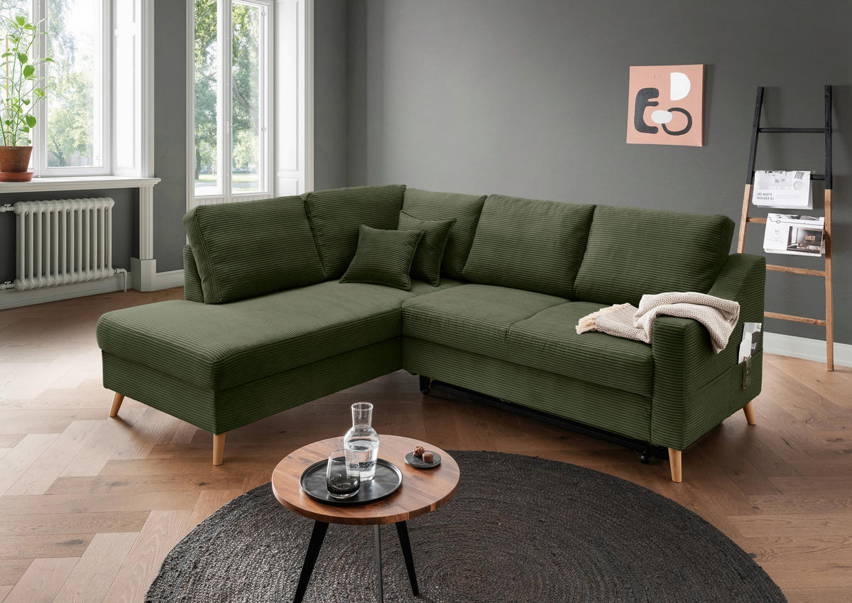 ECKSOFA in Cord Dunkelgrün  - Dunkelgrün/Naturfarben, Modern, Holz/Textil (200/230cm) - Livetastic