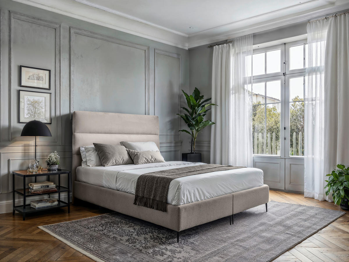 Boxspring, 140/200 cm, crem - crem/culoare natur, Modern, metal/textil (140/200cm) - MID.YOU