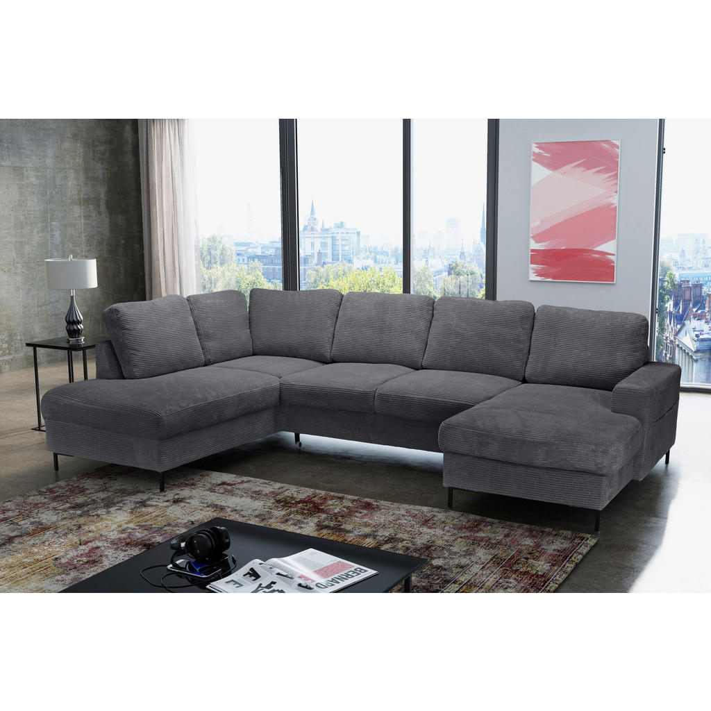 Thumbnail - Carryhome Wohnlandschaft, Anthrazit, Textil, 5-Sitzer, Füllung: Schaumstoffflocken, Ottomane rechts, U-Form, 303x197 cm,...