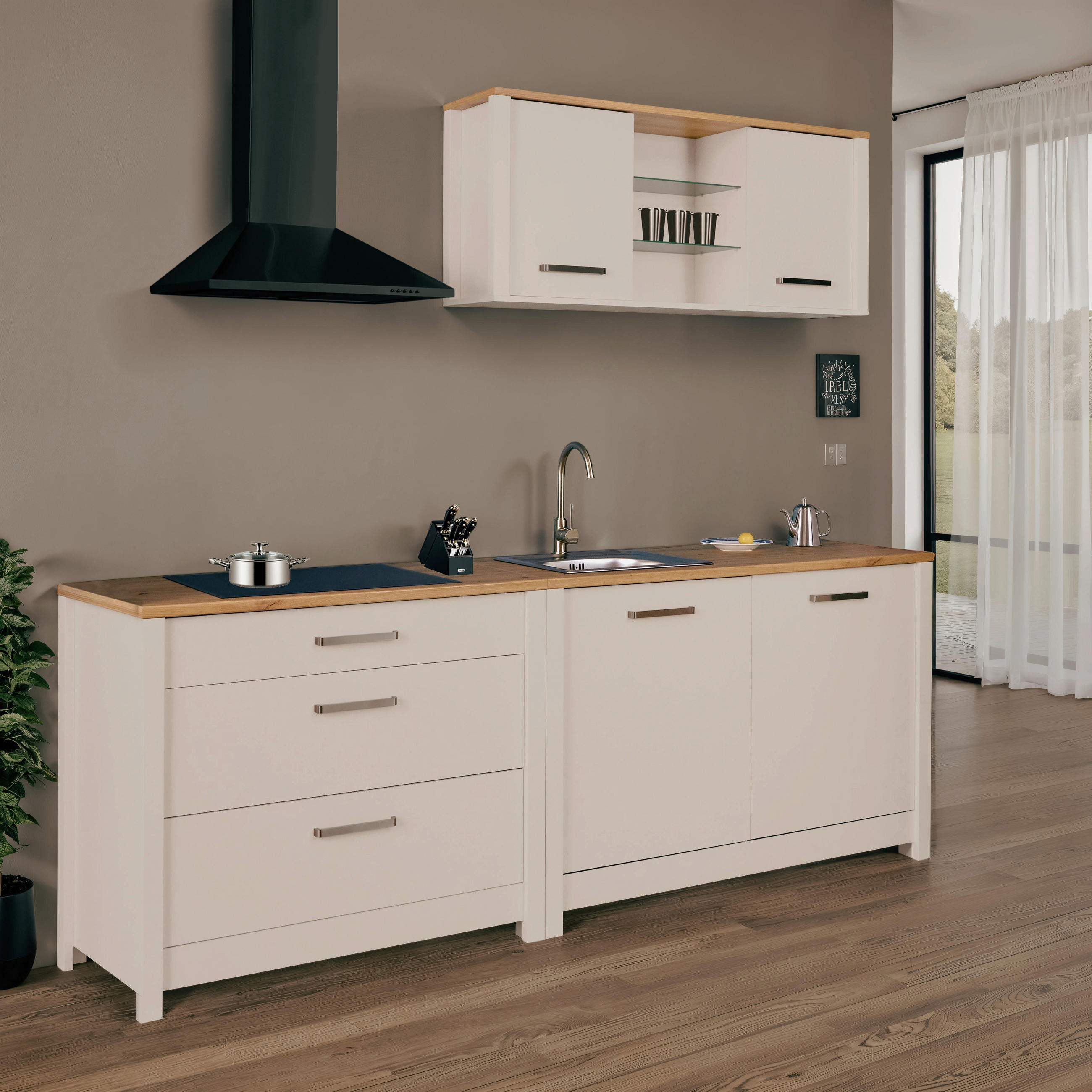 KÜCHENLEERBLOCK 230 cm   in Kaschmir, Eiche Artisan  - Kaschmir/Silberfarben, MODERN, Glas/Holzwerkstoff (230cm) - home24