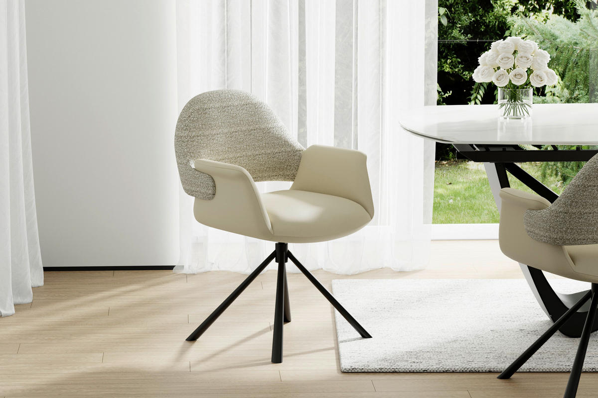 ARMLEHNSTUHL  Sitzfläche 360° drehbar, inklusive Armlehnen, automatische Rückholfunktion Webstoff Echtleder  - Beige/Schwarz, Design, Leder/Textil (62,5/86/64cm) - Novel