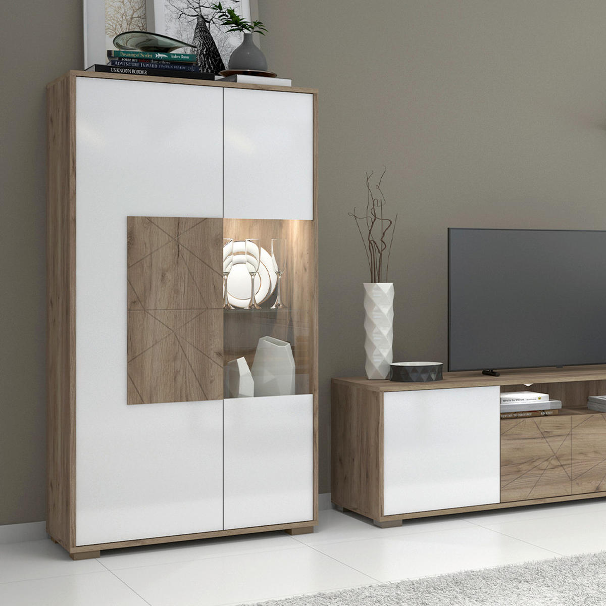 VITRINA boja hrasta, bela visoki sjaj   - siva/boja hrasta, Dizajnerski, staklo/pločasti materijal (77/150/41cm) - Hom`in