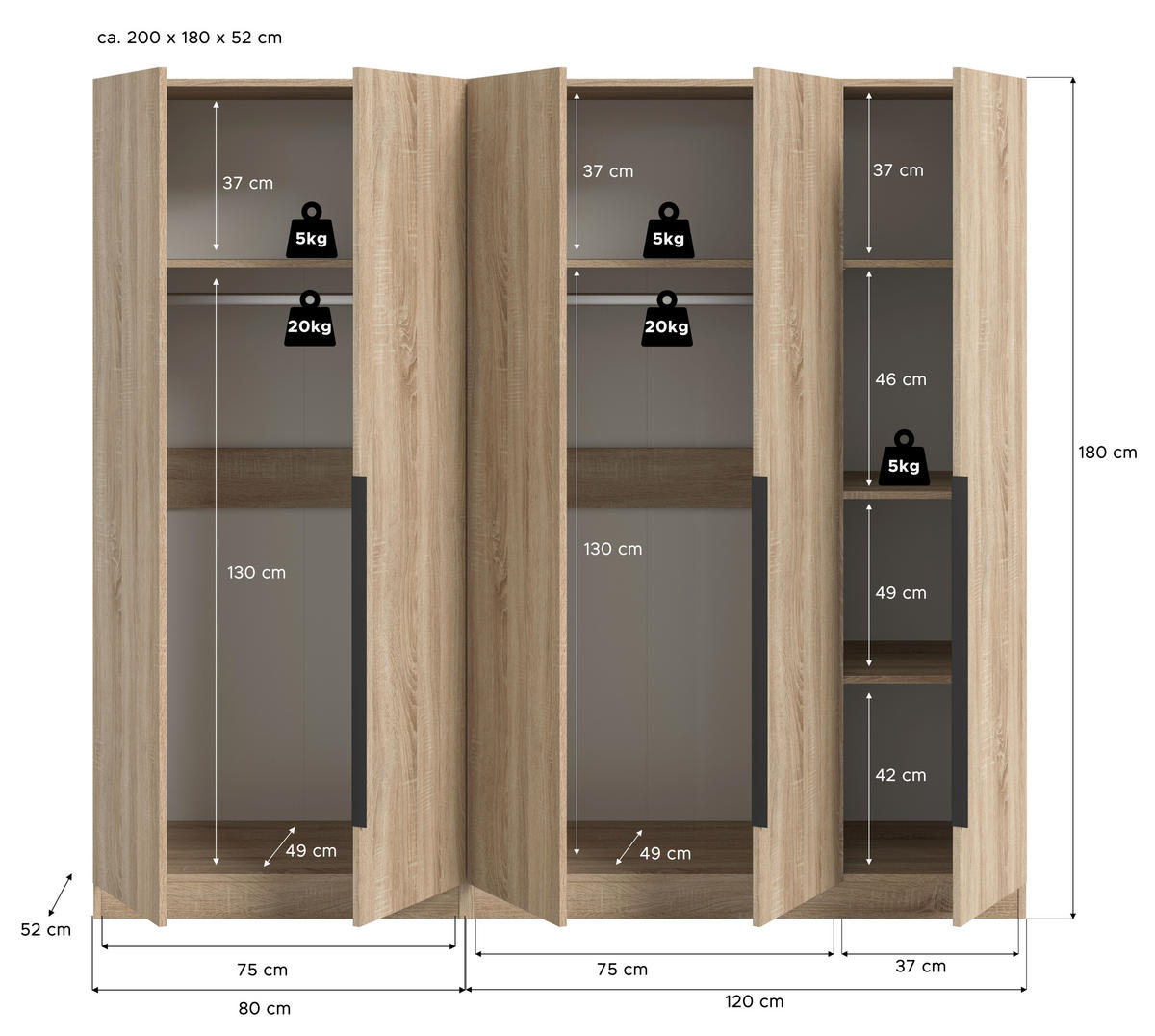 DREHTÜRENSCHRANK  in Sonoma Eiche  - Schwarz/Sonoma Eiche, MODERN, Holzwerkstoff/Kunststoff (200/181/52cm) - MID.YOU