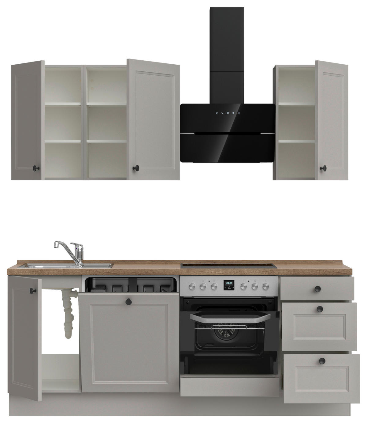 KÜCHENBLOCK 210 cm   in Grau, Eiche dunkel  - Eiche dunkel/Schwarz, MODERN, Holzwerkstoff/Metall (210cm) - Nobilia