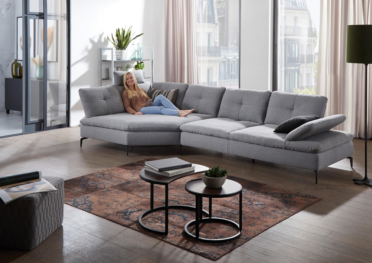 ECKSOFA Hellgrau Flachgewebe  - Hellgrau/Schwarz, Design, Textil/Metall (159/344cm) - Chilliano
