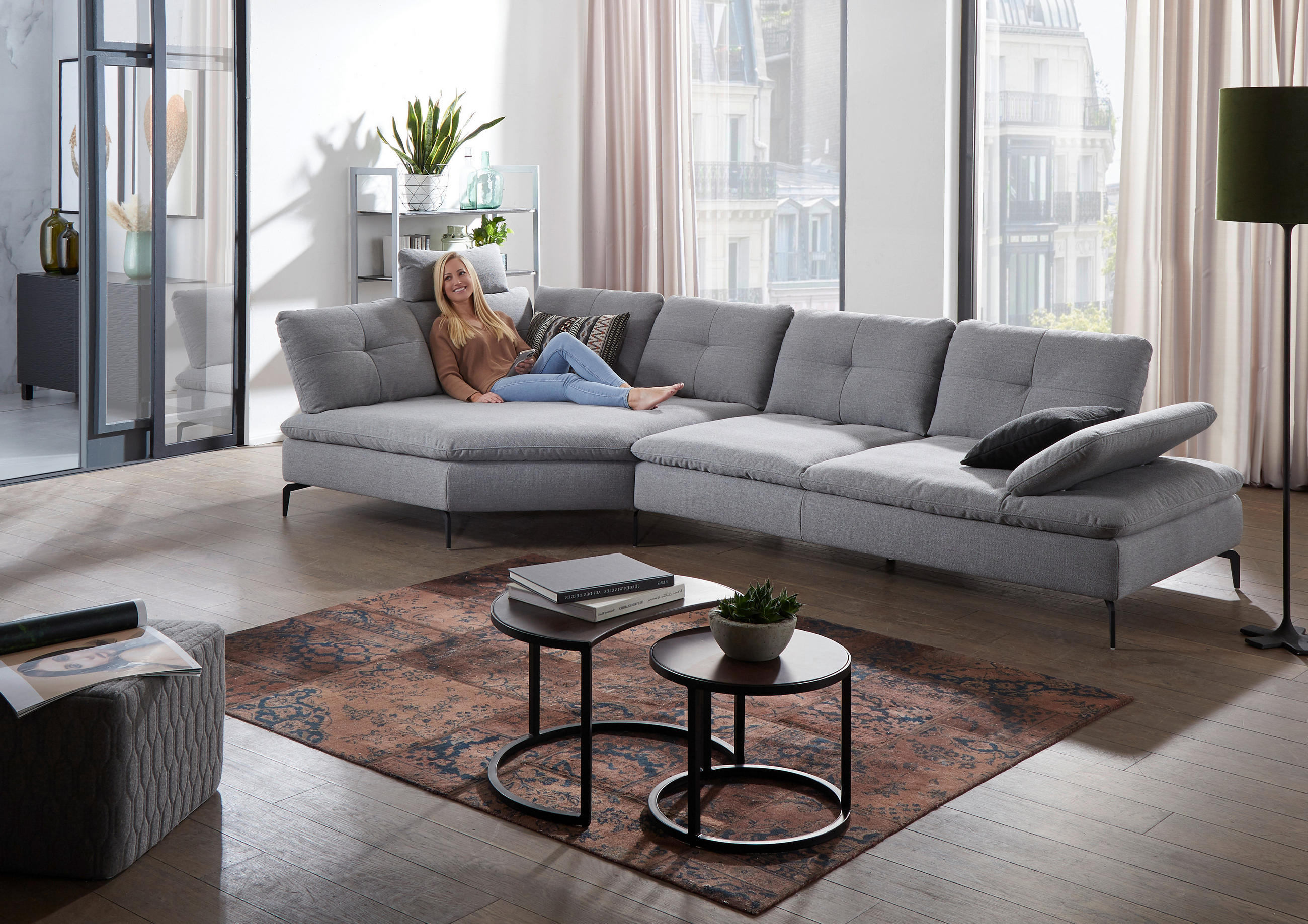 Thumbnail - Chilliano Ecksofa, Hellgrau, Textil, 3-Sitzer, Füllung: Faserbällchen, Polyurethan (Pur), Ottomane rechts, L-Form, 344x1...