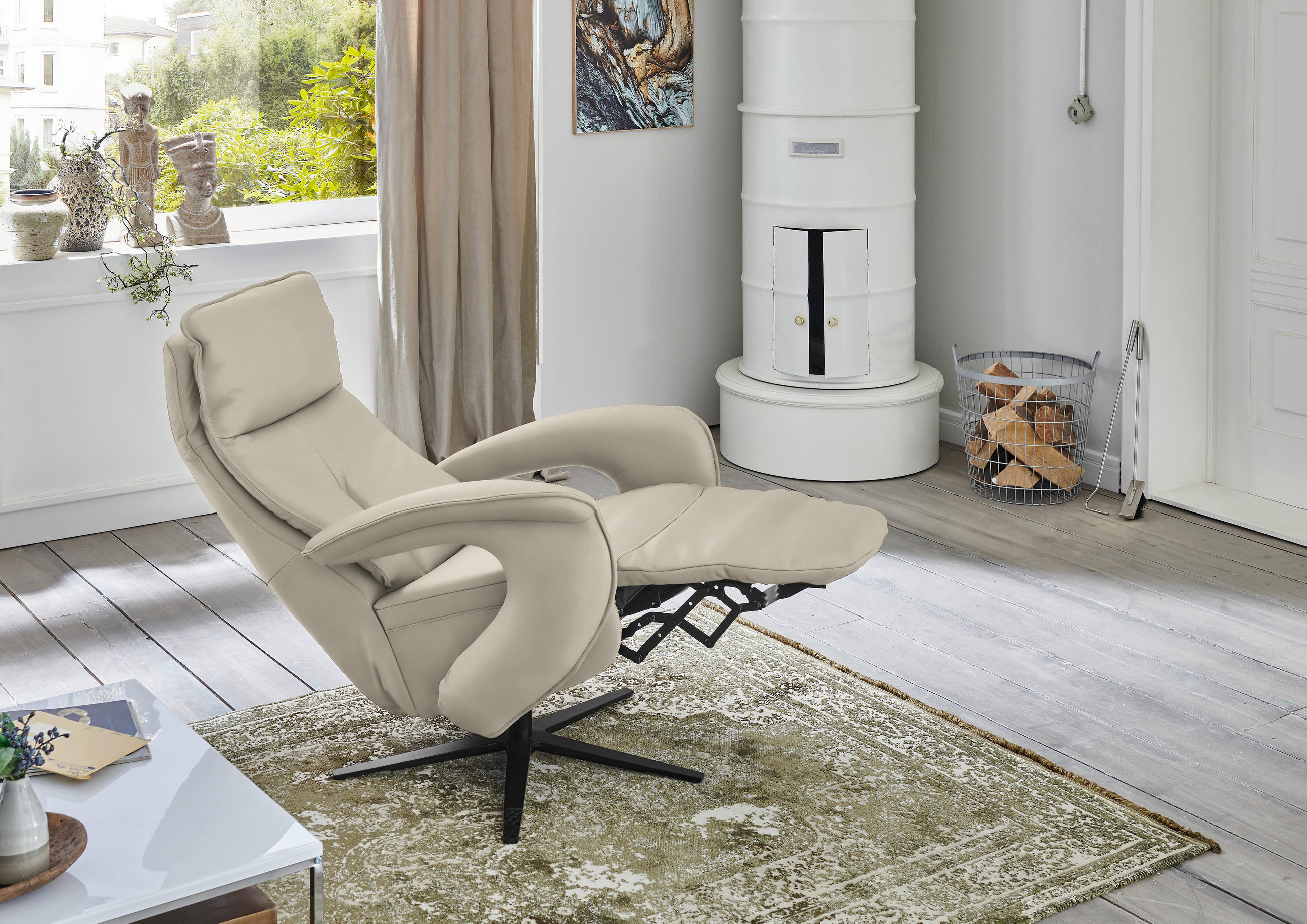 RELAXSESSEL in Leder Ecru  - Ecru/Schwarz, Design, Leder/Metall (77/119/87cm) - Valdera