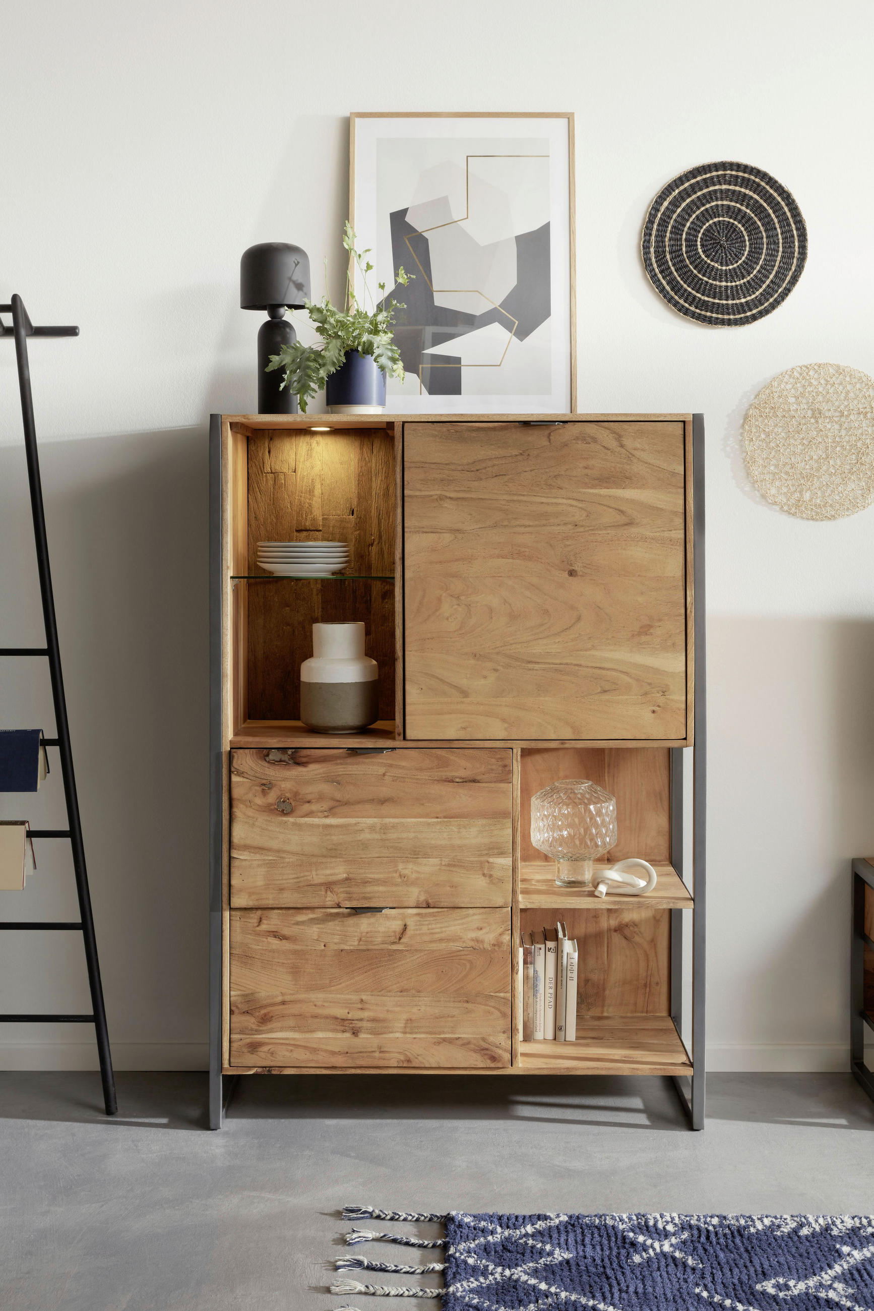 HIGHBOARD Akazie vollmassiv Anthrazit, Akaziefarben Beleuchtung, Trafo - Anthrazit/Akaziefarben, Basics, Glas/Holz (104/150/42cm) - Livetastic