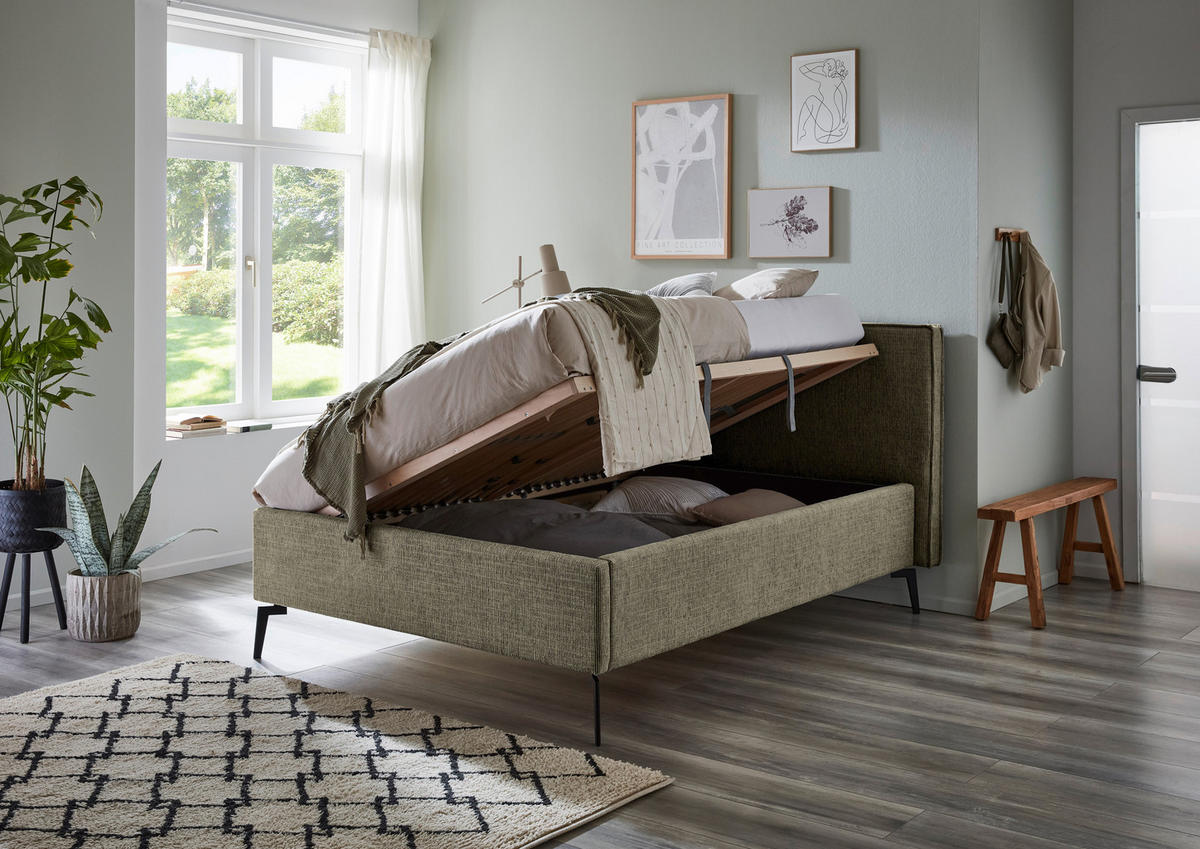 POLSTERBETT 140/200 cm  in Olivgrün  - Birkefarben/Buchefarben, Design, Holz/Textil (140/200cm) - home24