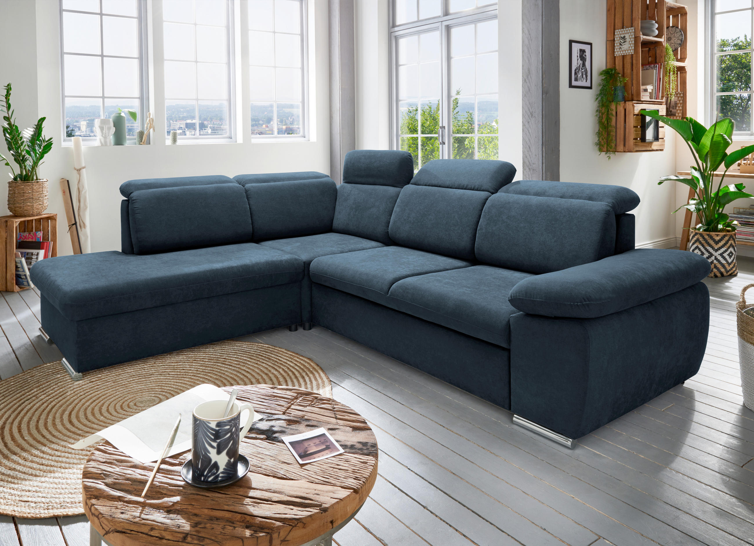 ECKSOFA in Mikrofaser Dunkelblau - Chromfarben/Dunkelblau, Design, Textil/Metall (228/283cm) - Livetastic