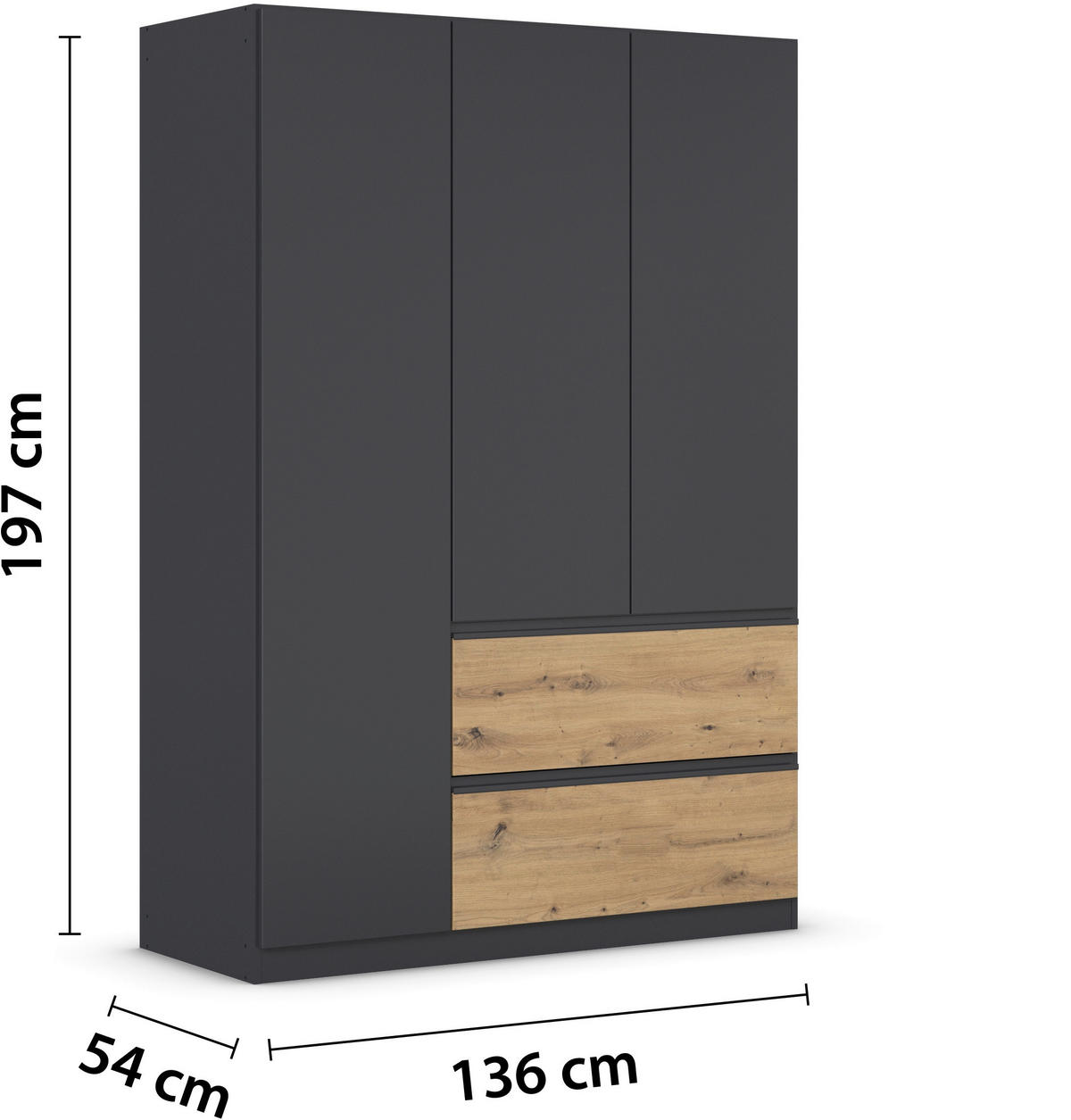 DREHTÜRENSCHRANK in Grau, Eiche Artisan  - Eiche Artisan/Grau, Modern, Holzwerkstoff (136/197/54cm) - Rauch Möbel
