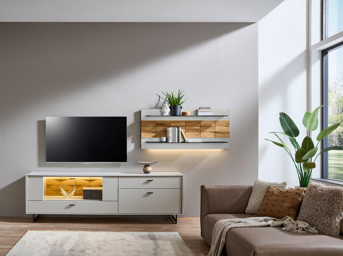 WOHNWAND  in Eichefarben, Kaschmir  299,4/170,4/46,4 cm  - Kaschmir/Eichefarben, Design, Glas/Holz (299,4/170,4/46,4cm) - Novel