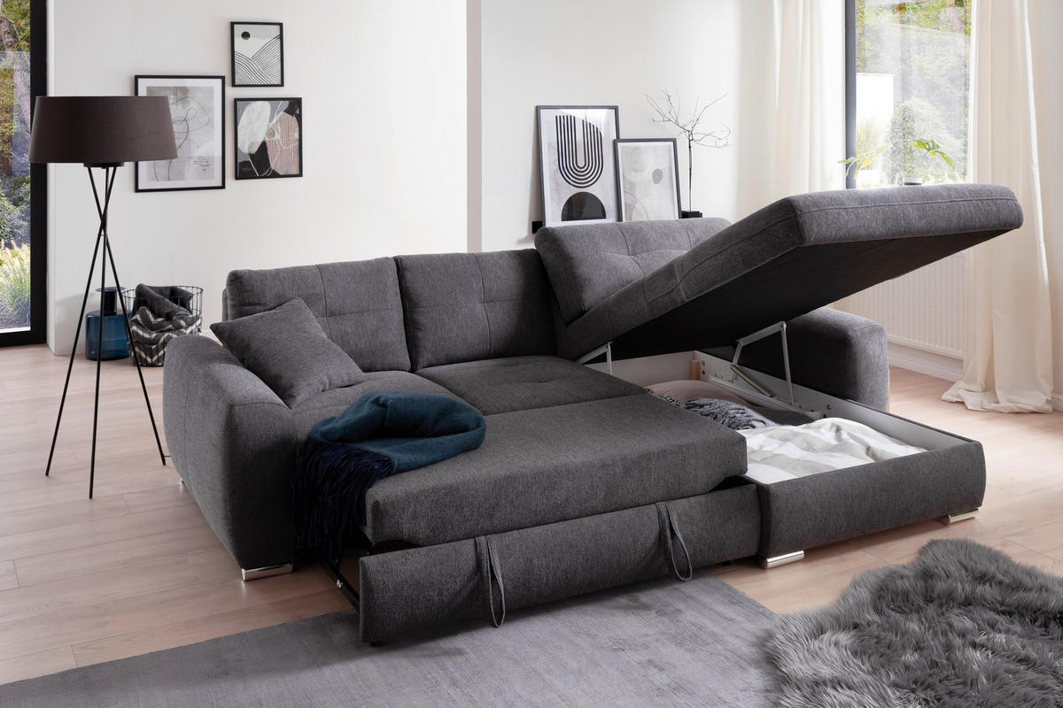ECKSOFA in Mikrofaser Anthrazit  - Chromfarben/Anthrazit, Design, Kunststoff/Textil (278/193cm) - Hom`in