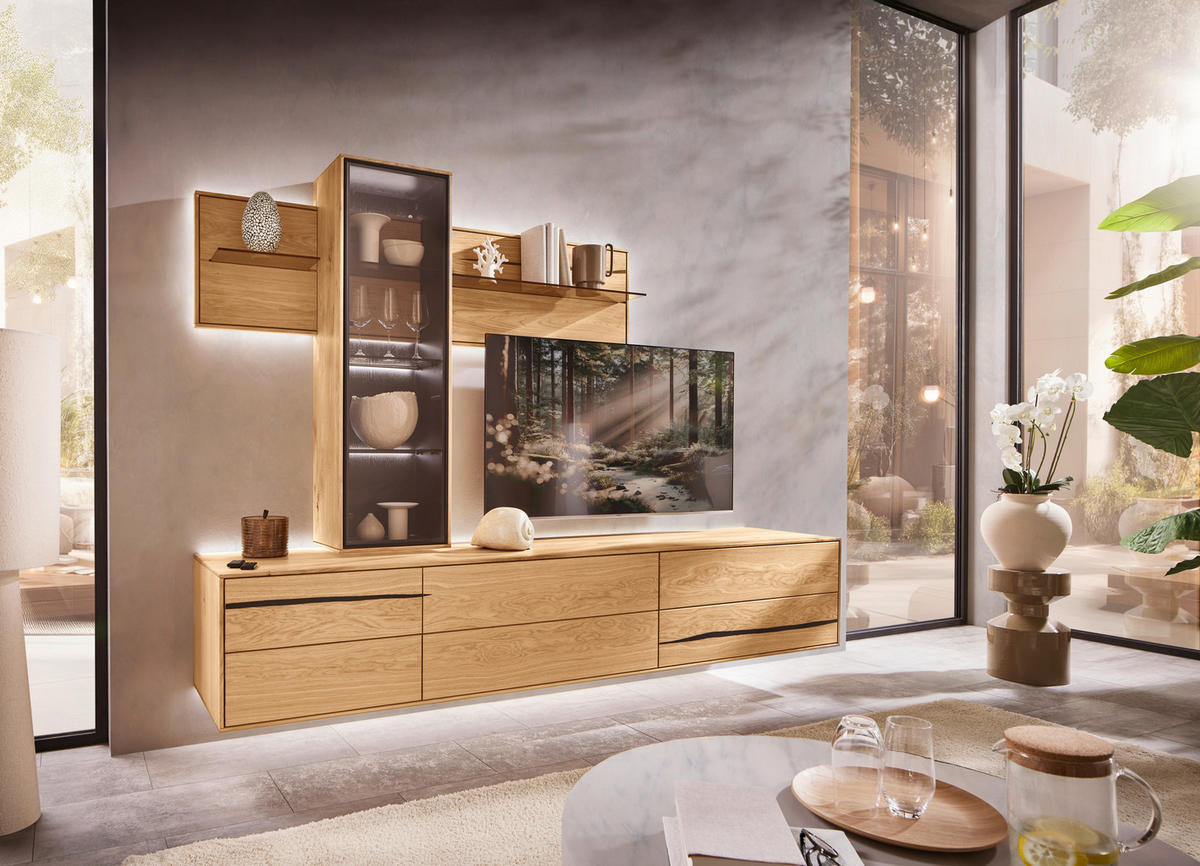 WOHNWAND 3-teilig  in Braun, Schwarz, Eichefarben  280/195/50 cm  - Eichefarben/Schwarz, Natur, Glas/Holz (280/195/50cm) - Waldwelt