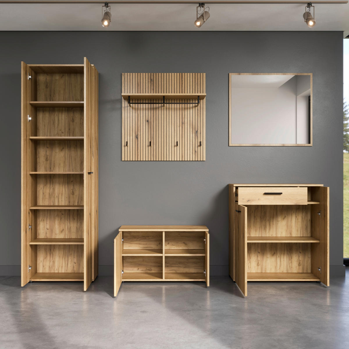 GARDEROBE 5-teilig  in 250/196/36 cm  - Eichefarben/Schwarz, Basics, Holzwerkstoff (250/196/36cm) - MID.YOU