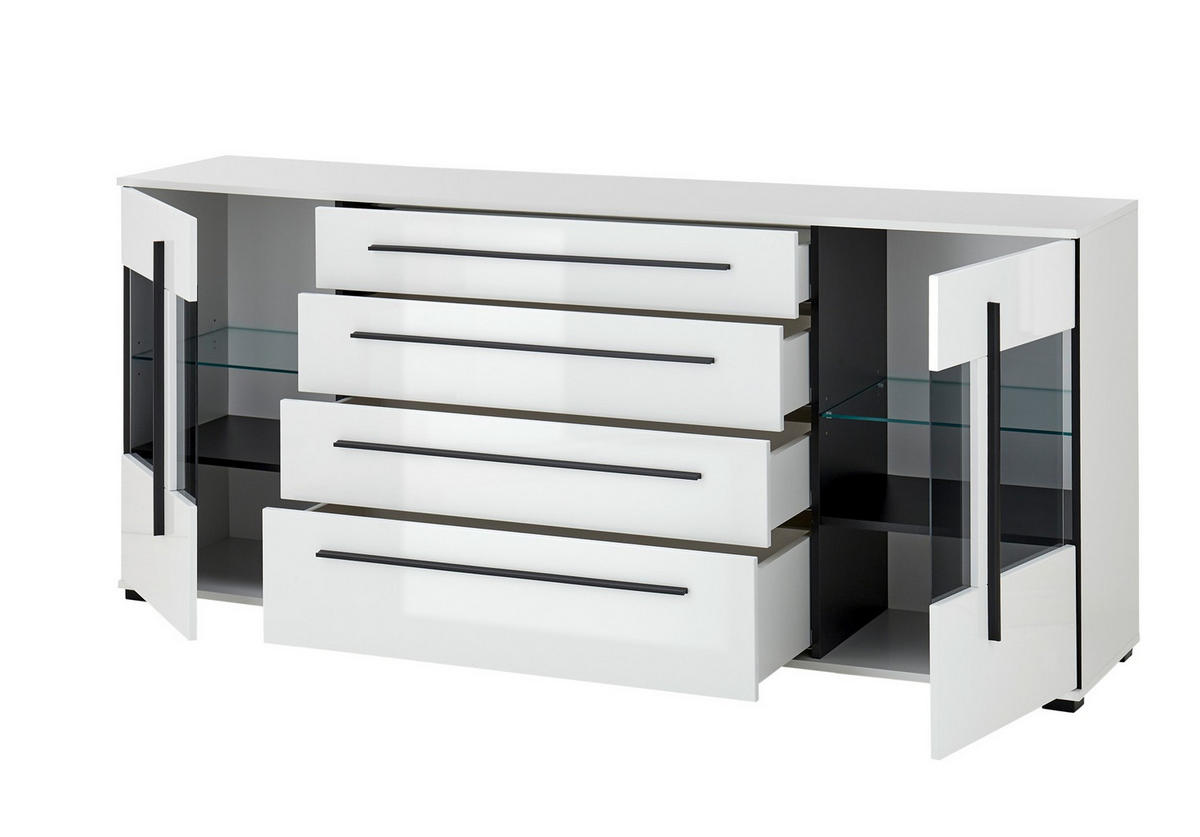 SIDEBOARD  200/86/42 cm 4 Schublade(n)  - Weiß Hochglanz/Schwarz, Design, Glas/Holzwerkstoff (200/86/42cm) - Livetastic