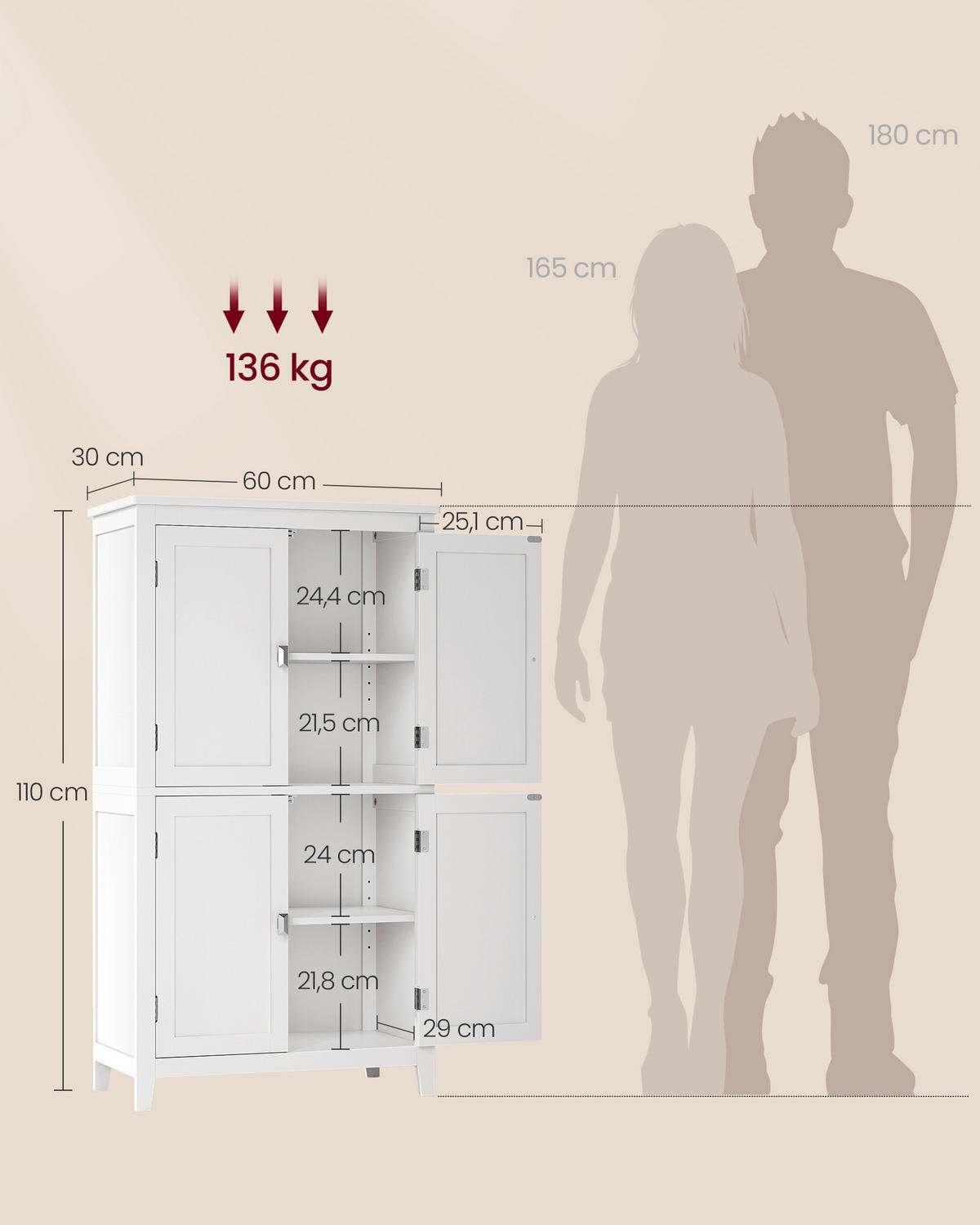 HOCHSCHRANK 60/110/30 cm  - Weiß, Trend, Holzwerkstoff/Metall (60/110/30cm) - MID.YOU