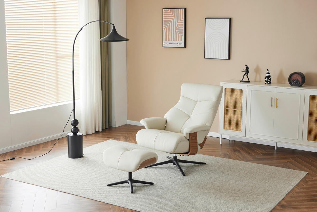 RELAXSESSELSET Lederlook Echtleder Hocker    - Beige/Schwarz, MODERN, Leder/Holz (78/111/81cm) - Livetastic